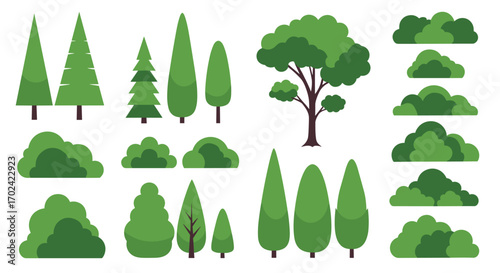 Collection of pixel art trees and green bushes for landscape design and game development