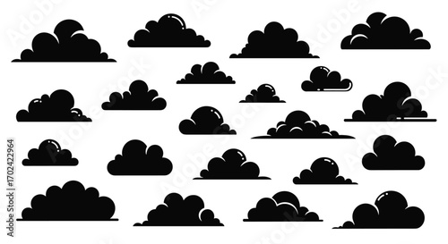 Collection of diverse cumulus cloud silhouettes on a white background for design elements