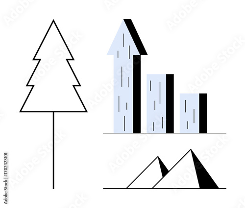 Minimalist tree, upward trending bar chart, and pyramids evoke growth, progress, and nature. Ideal for environment, business growth, sustainability, education eco-friendly living progress simple