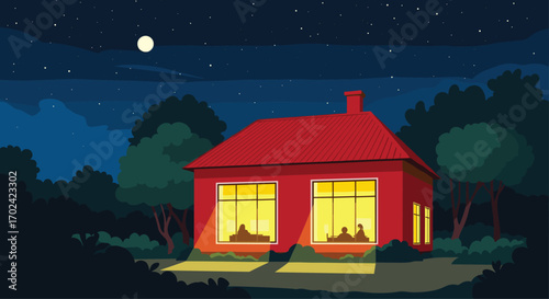 Cozy house interior warm light glows outdoors peaceful night scene tranquil evening atmosphere