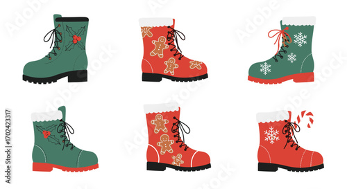 Festive winter boots collection featuring holiday themed designs for cozy footwear