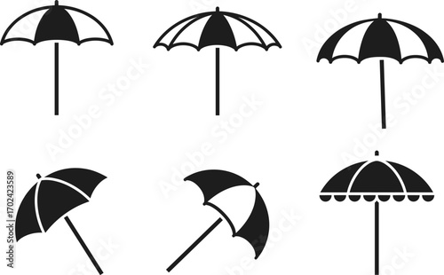 Set of Black and White Vector Beach Umbrellas, Sunshades in Various Styles and Angles, Summer Vacation and Outdoor Relaxation Icons