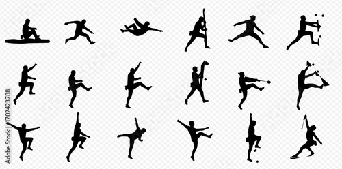A collection of black silhouettes depicting individuals in various dynamic climbing, bouldering, and jumping poses against a transparent background.