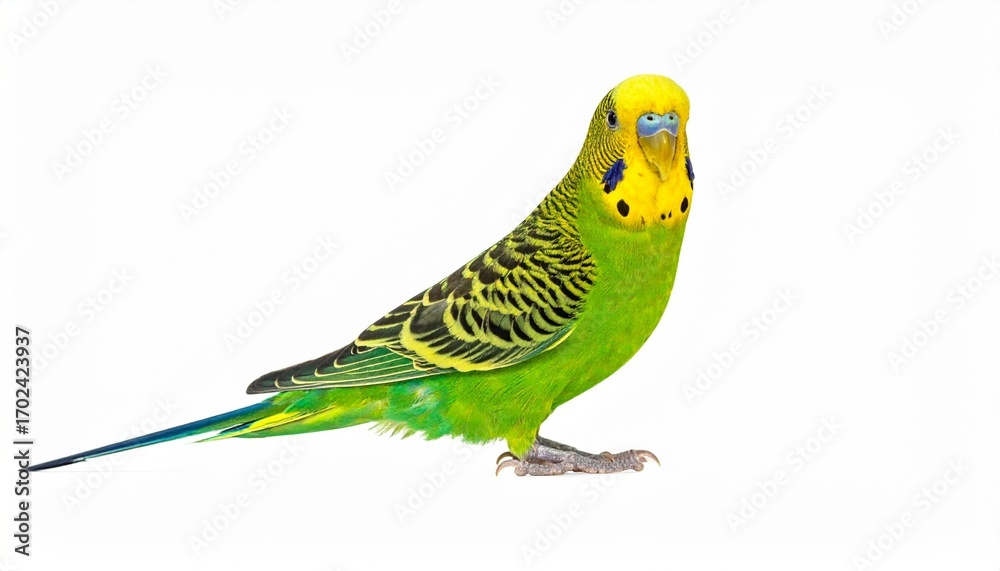 Obraz premium Canary winged parakeet bird with bright green feathers yellow markings small body tropical parrot isolated on white background 