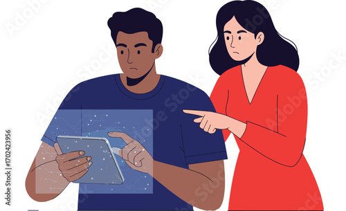 Man and woman interacting with digital tablet interface, pointing at data, discussing technology, futuristic screen, teamwork and communication, flat vector illustration