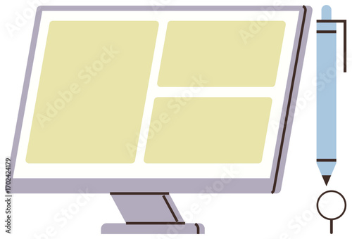 Desktop monitor with yellow blocks symbolizing content layout and a digital stylus. Ideal for technology, design, creativity, productivity, analysis, innovation, and education. Simple flat metaphor