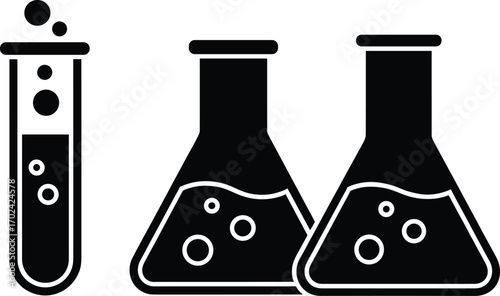 Black and White Vector Illustration of Laboratory Test Tubes and Conical Flasks with Bubbling Chemical Liquid, Science and Research Concept Design