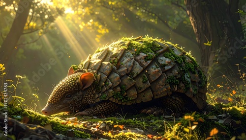 Enchanting armadillo resting peacefully in sun-drenched forest with stunning moss-covered shell and golden light filtering through trees