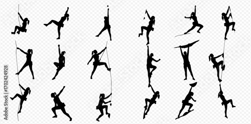 Collection of diverse black silhouettes depicting people actively engaged in various climbing and aerial sports.
