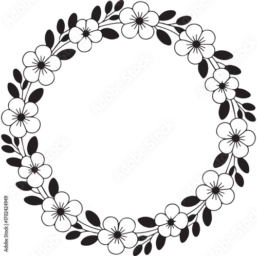 Black and white circular illustration of whimsical flowers and leaves