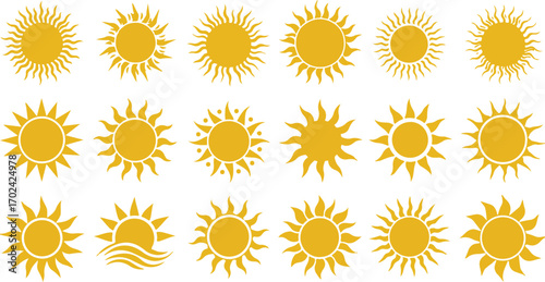 Assortment of Yellow Sun Graphics on White icon symbol