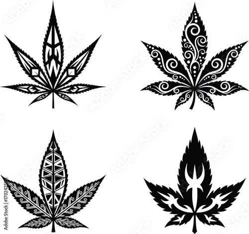 Tribal Cannabis Leaf Vector Set with Ethnic, Geometric, and Ornamental Tattoo Patterns in Black and White for Artistic, Botanical, and Design Use