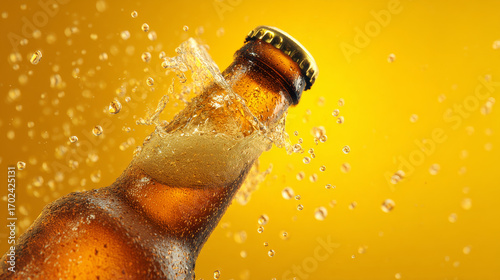 Cold beer bottle opening dramatically with fizz and cap flying against a yellow background. 