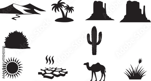 Desert Landscape Icons Silhouette Collection Keywords: desert, landscape, icon, silhouette, sand
