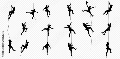 Collection of black silhouettes depicting people rock climbing and rappelling on ropes in various dynamic poses.