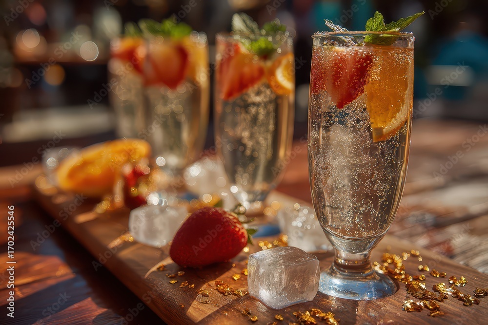 Obraz premium Sparkling cocktails with fresh fruit, mint, and ice on a wooden board.