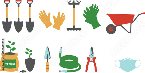 Gardening Tools and Supplies Flat Icons Keywords: gardening, tools, supplies, icons, set, shovel