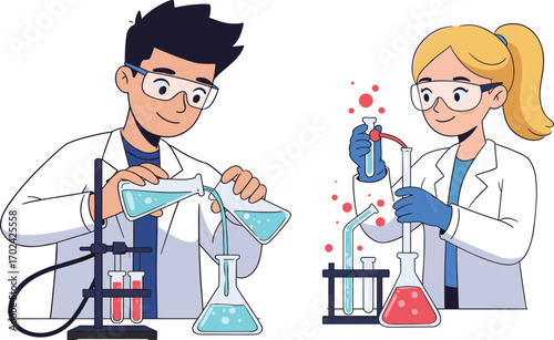 Young male and female scientists in lab coats working with chemical liquids, test tubes, and glassware in laboratory experiment, flat vector illustration