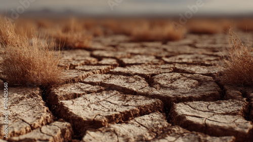 Cracked, barren ground transformed into a surreal artwork reflecting desertification themes and contrasted by stubborn tufts of life.