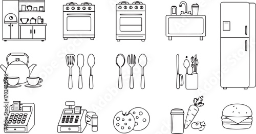 Kitchen Appliances Utensils and Food Line Art Icons