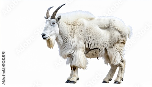 Mountain goat with curved horns muscular body thick white fur strong climbing wild animal isolated on white background
