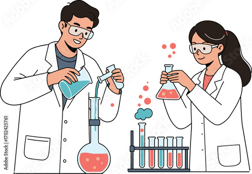 Young male and female scientists conducting chemistry experiments, wearing lab coats and safety goggles, colorful liquids in test tubes, lab research, flat vector illustration