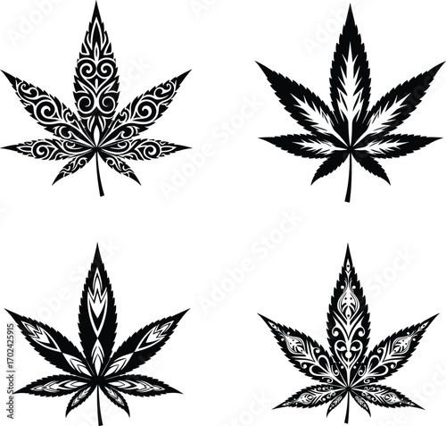 Tribal Cannabis Leaf Vector Set with Decorative Ethnic Patterns and Abstract Ornamental Elements in Black and White for Tattoo or Design Use