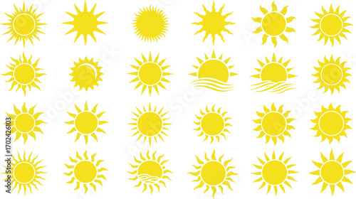 Variety of Yellow Sun Icons on White Background symbol