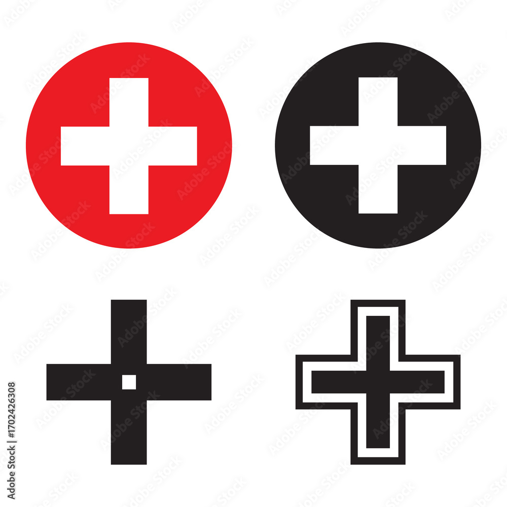 Fototapeta premium Medical cross symbol set, red and black healthcare cross icons, outline and solid style emergency signs for hospital, pharmacy and first aid design