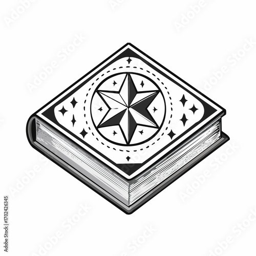 Vintage black and white illustration of a magic spellbook or grimoire with a hexagram star on the cover, a symbol for esoteric knowledge and witchcraft