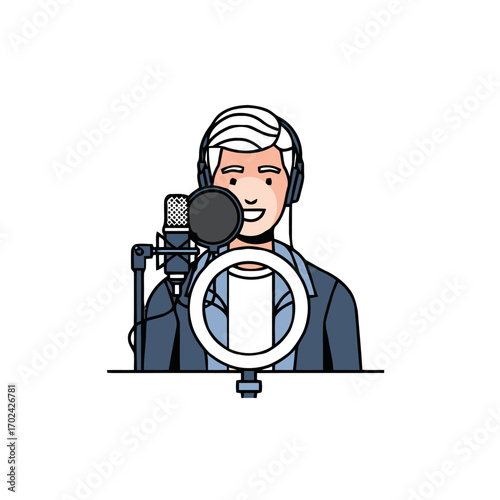 Man recording podcast with microphone and ring light