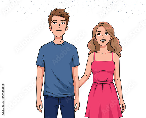 Happy young couple standing together, smiling man and woman, casual clothing, holding hands, relationship concept, friendship, love, flat vector illustration
