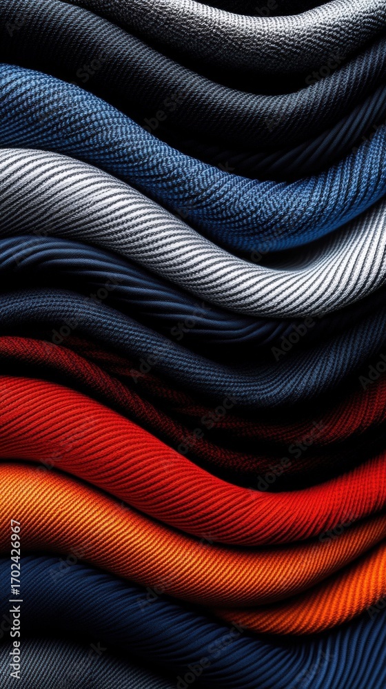 Naklejka premium A vibrant arrangement of textured fabrics in various colors, flowing in wavy patterns that create a dynamic visual effect.