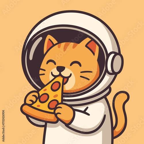 Cute cat in an astronaut suit happily eating pizza in a whimsical space-themed design