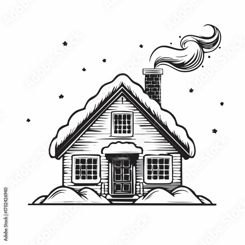 Charming snowy cottage with a smoking chimney, inviting winter scene