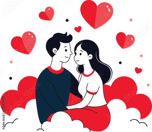 Romantic illustration of a couple enjoying a serene moment sitting on fluffy clouds