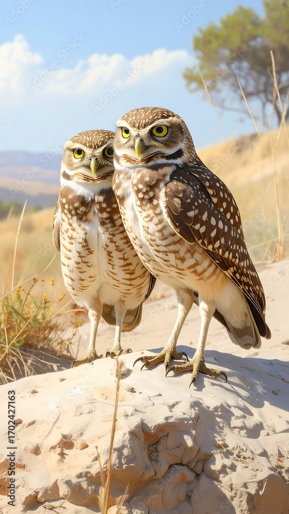 Fototapeta premium Two owls perched on a sand dune