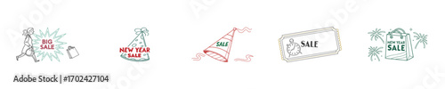 New Year sale icons with shopping bag party hat ticket vector