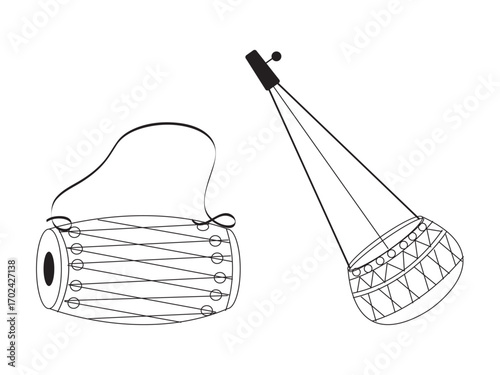 Traditional musical instruments vector illustration, Indian dhol drum and shehnai wind instrument, cultural music design for festival and celebration