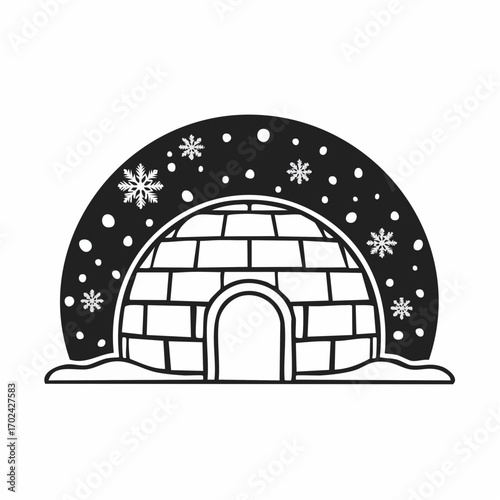 Cozy igloo dwelling amidst a winter wonderland, a traditional ice house surrounded by falling snowflakes, perfect for cold weather themes and arctic adventures