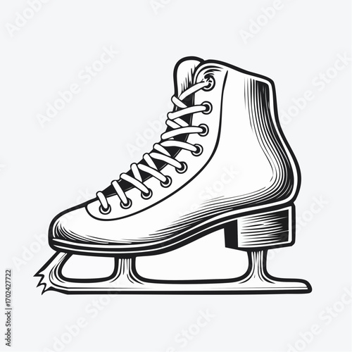 Vintage black and white ice skate illustration in a classic engraved style. Symbol of winter sports, recreation, and cold weather activity