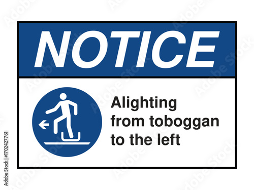 Alighting from Toboggan to the Left Safety Sign – Directional Exit Symbol for Recreational Zones, Winter Sports Safety, Public Facility Compliance – High-Quality Vectorial Image