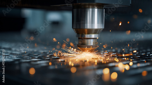 Fiber laser machine cutting stainless steel tubing with sparks flying, showing advanced metalworking