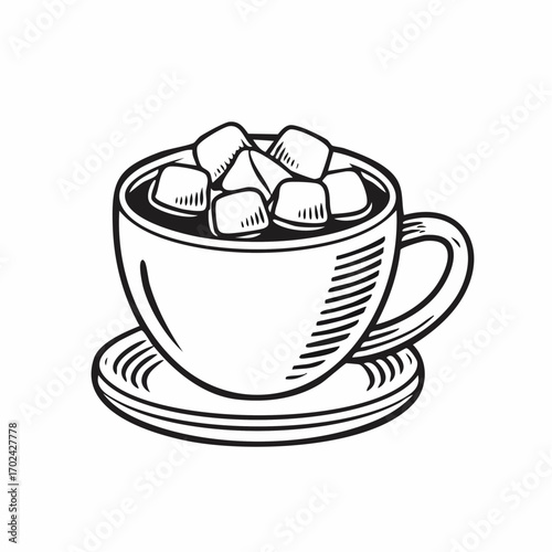 Hand-drawn illustration of a cozy hot drink with fluffy marshmallows in a classic mug, perfect for a warming treat