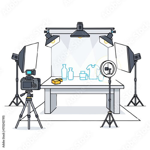 Product photography studio setup with lighting and camera