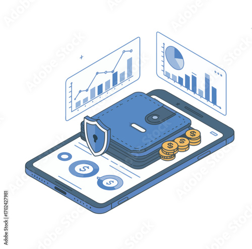 Conceptual isometric illustration of fintech security for online transactions, digital wallet management, and financial data analytics on a mobile device