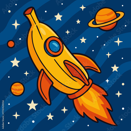 Whimsical banana rocket illustration soaring through space with planets and stars