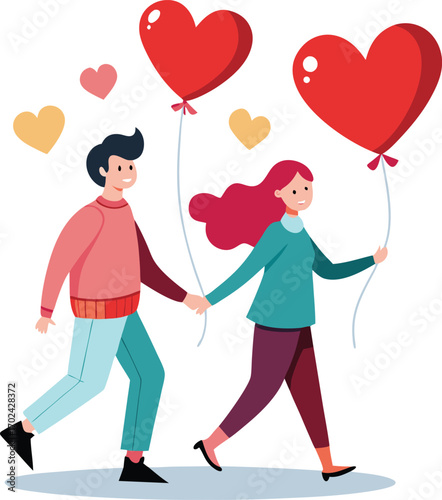 Romantic couple holding large heart shaped balloons celebrating love and togetherness