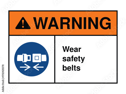 Wear Safety Belts Warning Sign – Seatbelt Compliance Symbol for Vehicles, Machinery, Elevated Platforms, Workplace Injury Prevention – High-Quality Vectorial Image