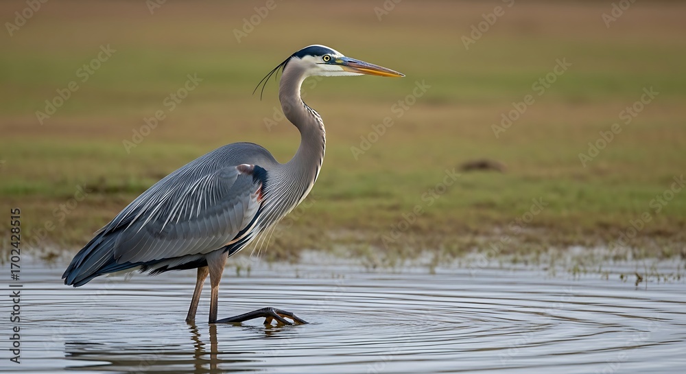 Obraz premium Great Blue Heron Standing in Shallow Water.